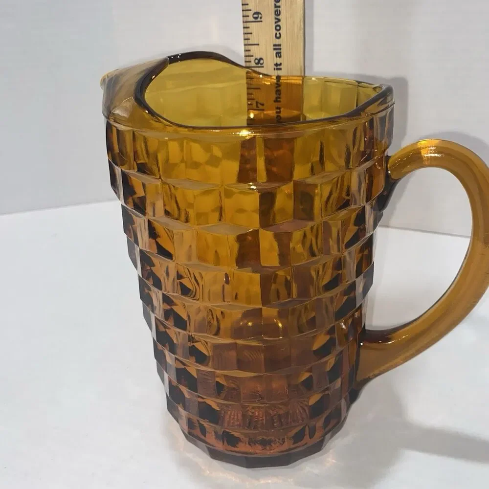 Indiana Glass Whitehall Amber Pitcher Cubist Pattern 8